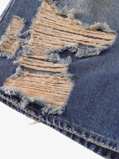 Thesupermade Hip-hop Ripped Washed Denim Jorts 