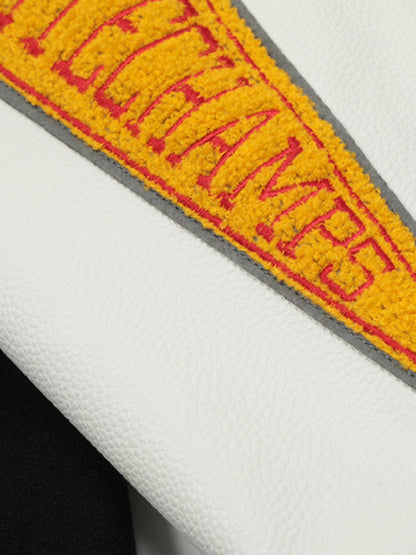 Thesupermade Leather Patchwork  Embroidery Quilted Bomber Jacket 