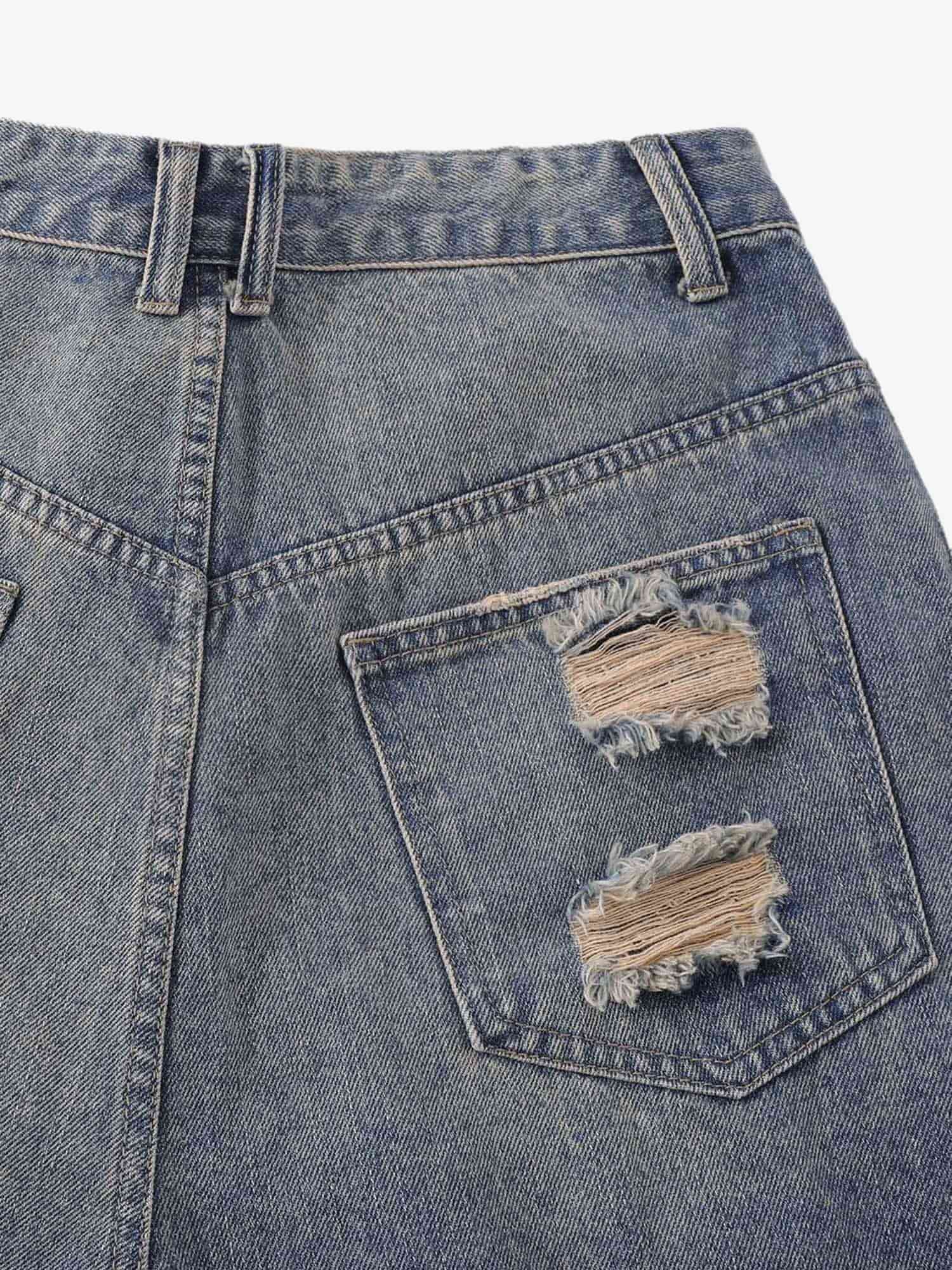 Thesupermade Hip-hop Ripped Washed Denim Jorts 