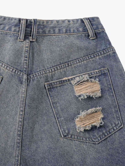 Thesupermade Hip-hop Ripped Washed Denim Jorts 