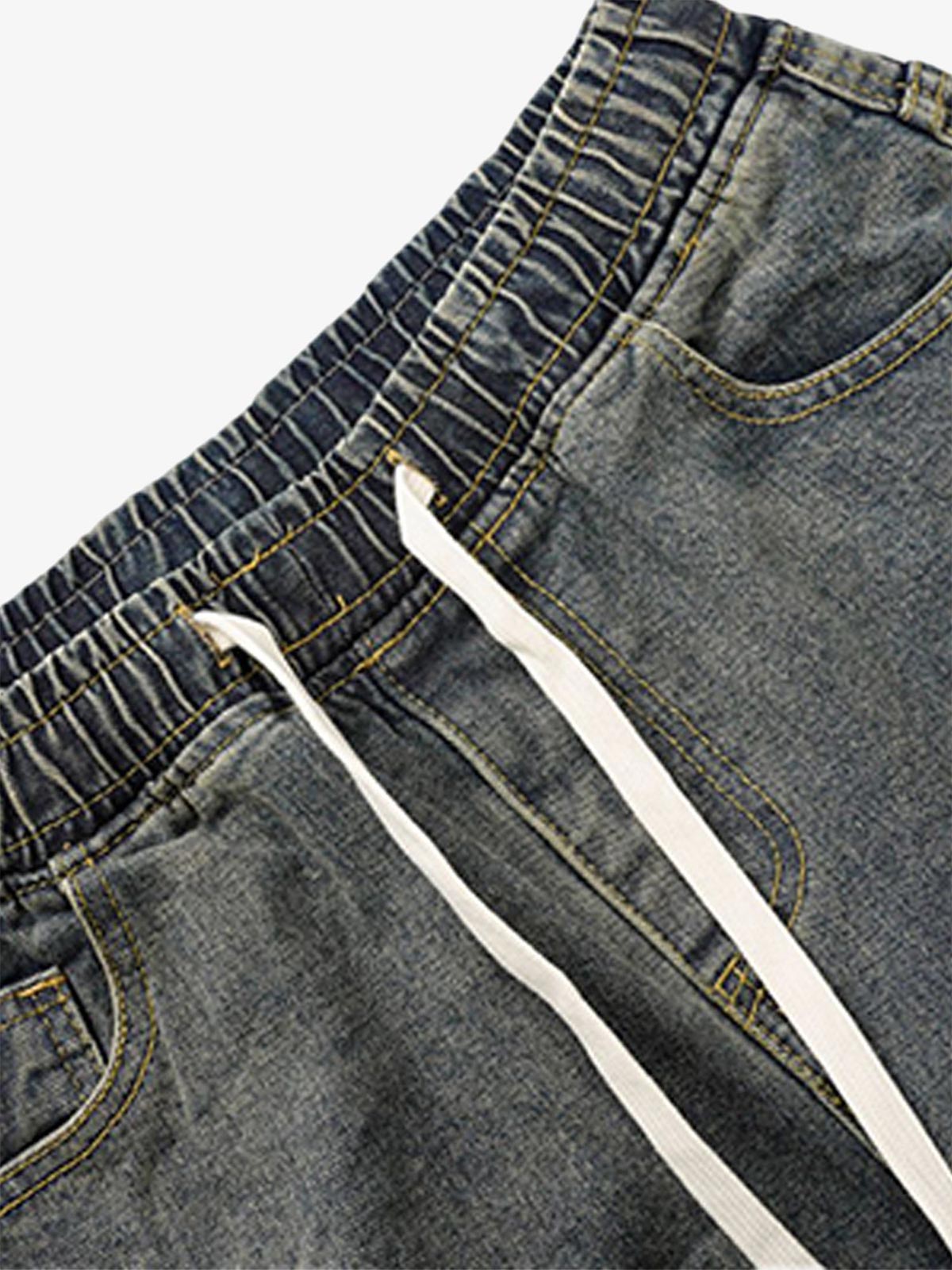 Washed Distressed Split Drawstring Barrel Jeans 