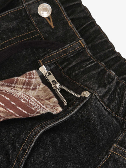 Patchwork Plaid Pleated Baggy Barrel Jeans - 2334 
