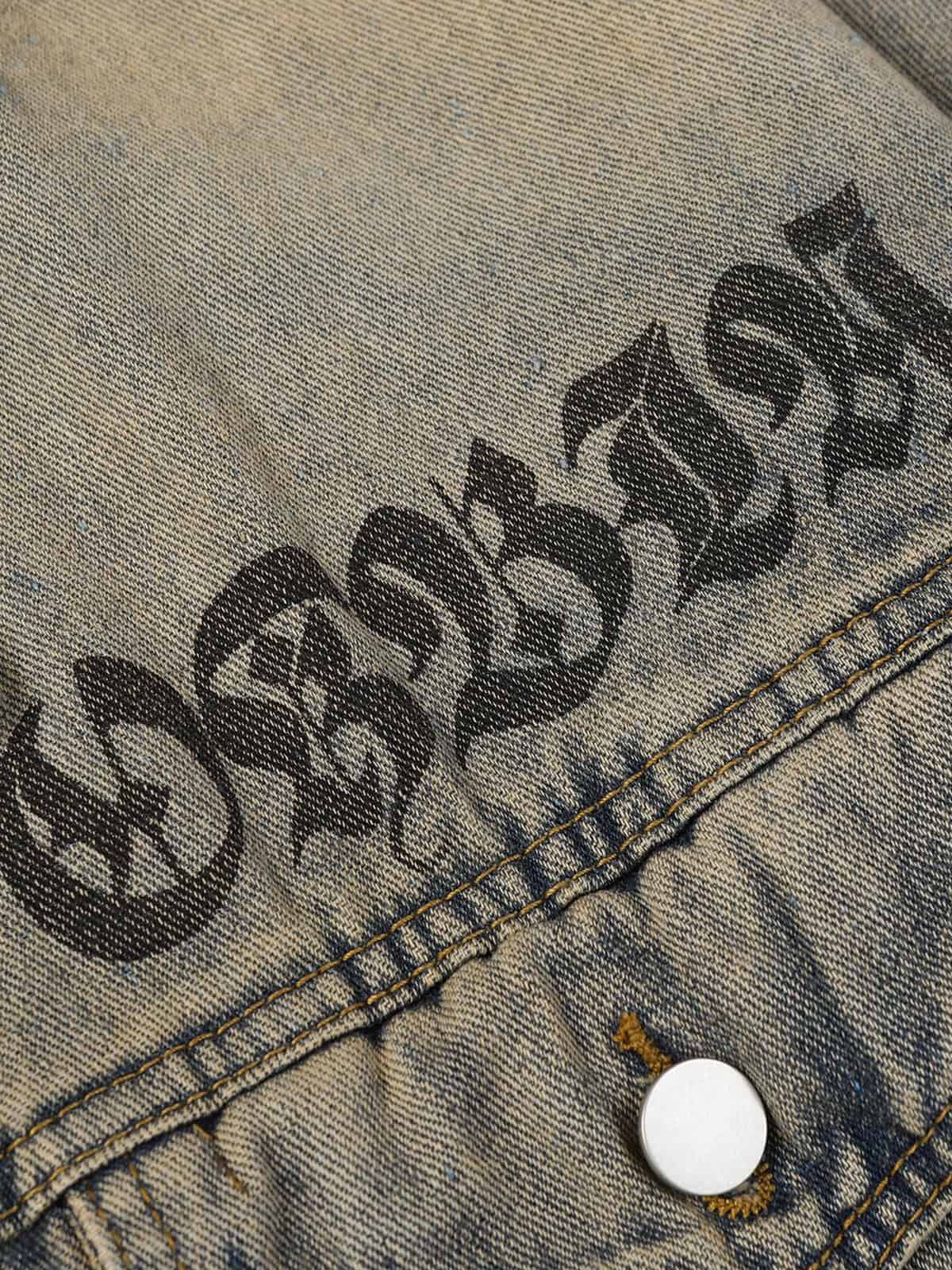 Washed Vintage Letter Print Denim Jacket 