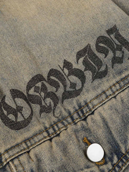 Washed Vintage Letter Print Denim Jacket 