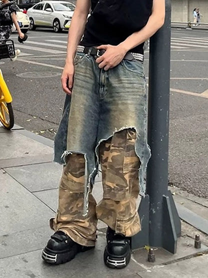 Retro Stitching Faux Two-Piece Camouflage Jeans - 2413 