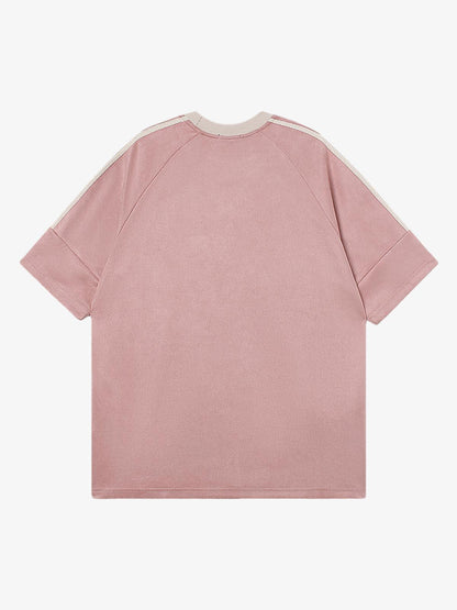 Suede Contrast Color Spliced Letter Embroidery Oversize T-shirt 