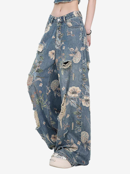 Vintage Washed Distressed Floral Ripped Baggy Jeans 