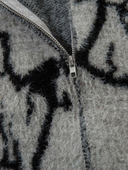 Thesupermade Lightning Graphic Imitation Mink Fur Zip Up Sweater 