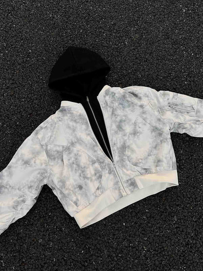 Patchwork Faux Two-Piece Gradient Hooded Bomber Jacket 