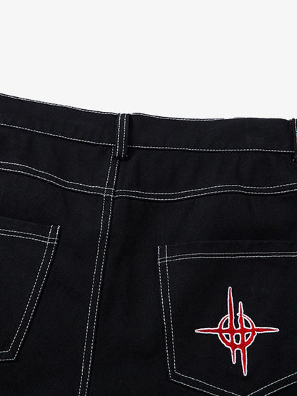 Contrast Flame Embroidered Baggy Jeans - 2364 
