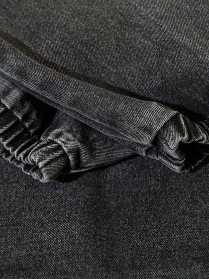 Washed Distressed Metal Zipper Hooded Denim Sweatshirt 