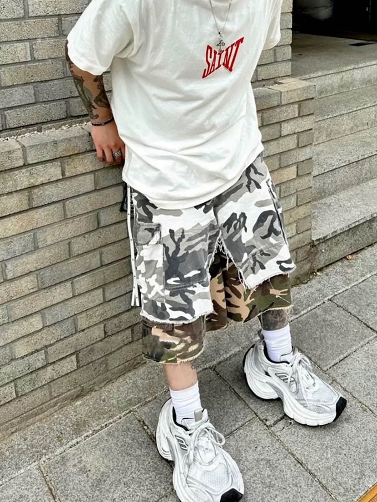 Retro Faux Two-Piece Whisker Camouflage Jorts - 2386 