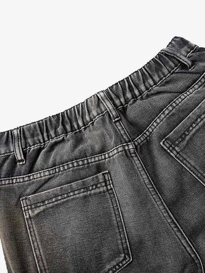 Washed Distressed Pleated Cargo Jeans 