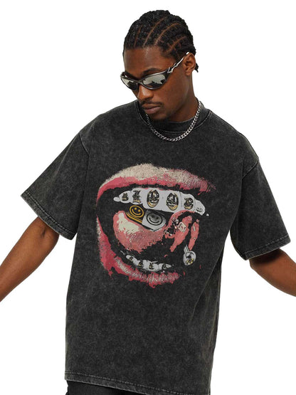 Street Retro Washed Lip Print T-shirt 