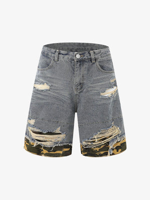 Thesupermade Patchwork Camouflage Ripped Shirt Jorts Denim Suit 