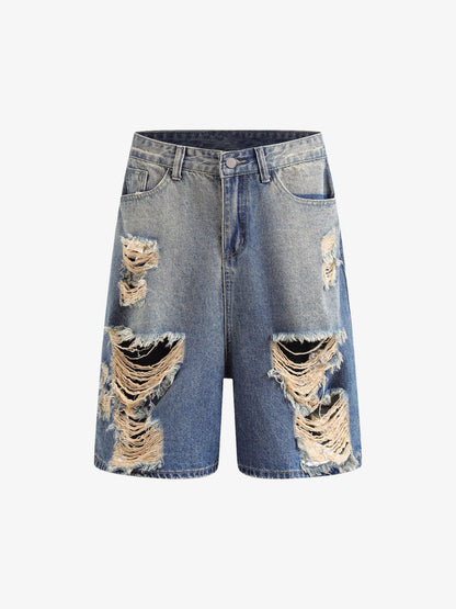 Thesupermade Hip-hop Ripped Washed Denim Jorts 
