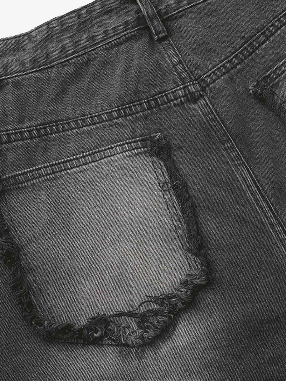 Washed Distressed Raw Edge Barrel Jeans - 2402 