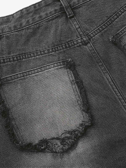Washed Distressed Raw Edge Barrel Jeans - 2402 