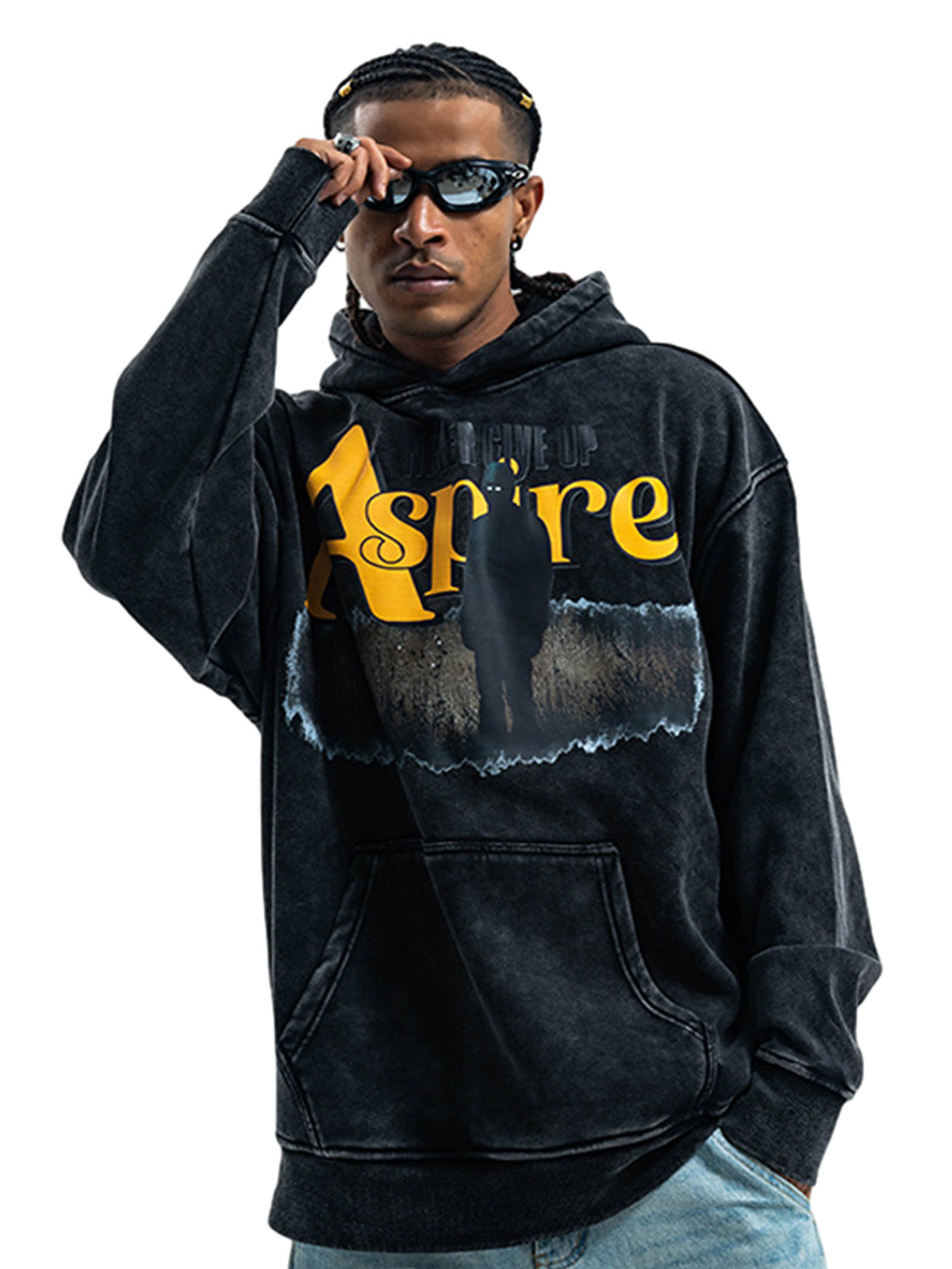 Heavy Washed Letter Portrait Print Fleece Hoodie 