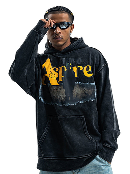 Heavy Washed Letter Portrait Print Fleece Hoodie 
