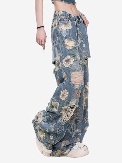 Vintage Washed Distressed Floral Ripped Baggy Jeans 