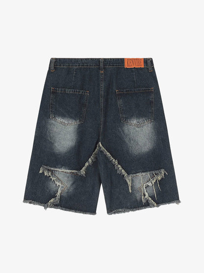 Thesupermade American Pentagram Tassel Patch Denim Shorts - 1681 