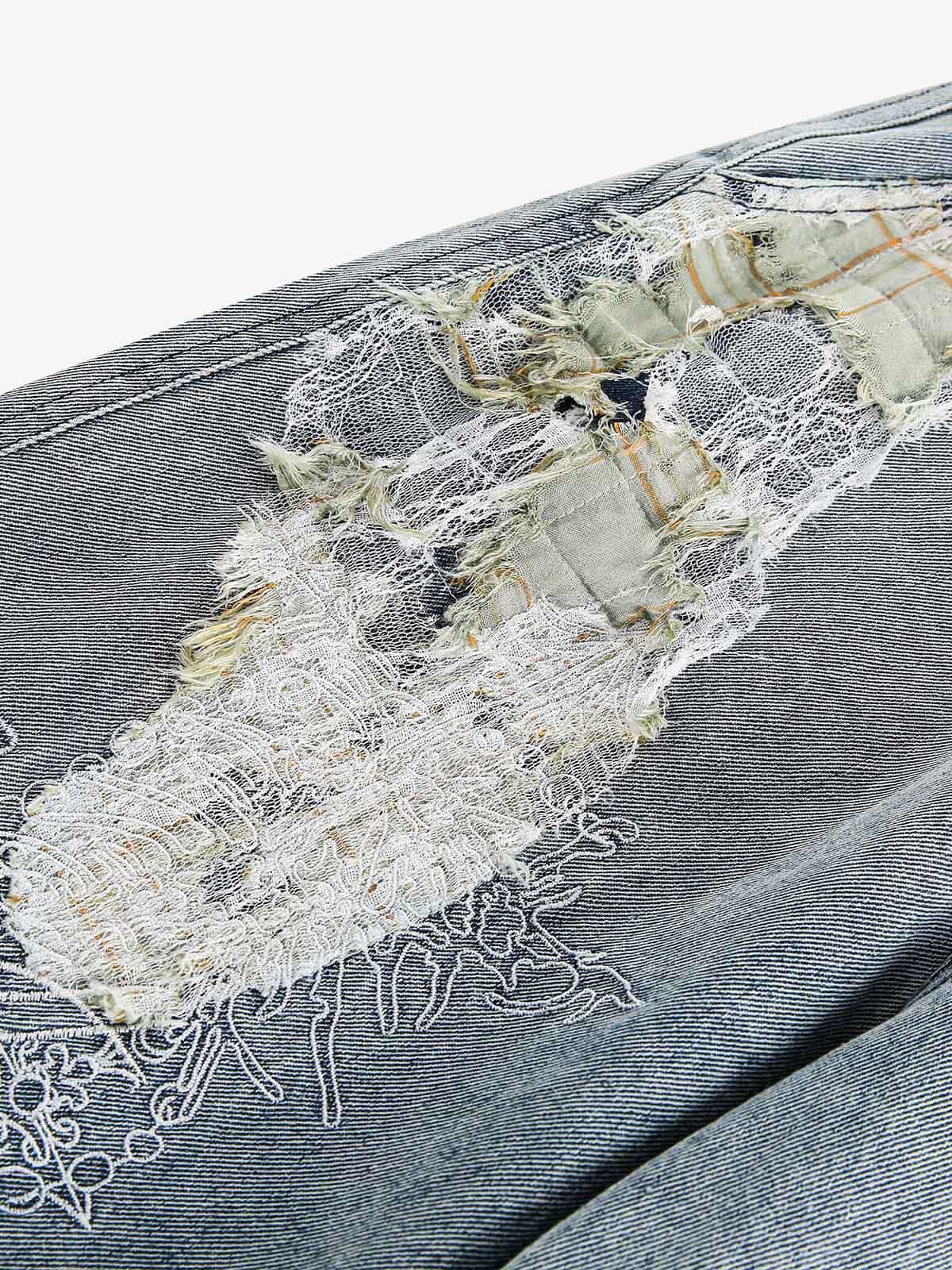 Ripped Lace Patchwork Straight Jeans 
