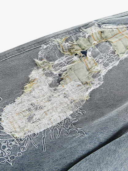 Ripped Lace Patchwork Straight Jeans 