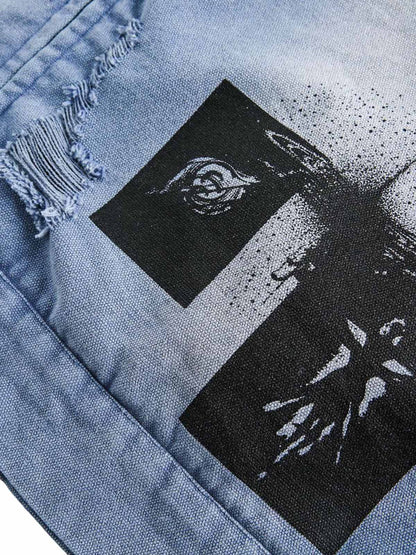 Ripped Graffiti Washed Zip Up Denim Jacket 