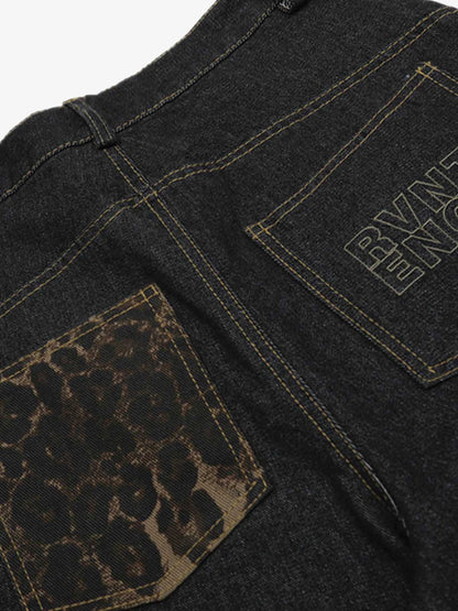 Washed Cheetah Print Patchwork Denim Jorts 