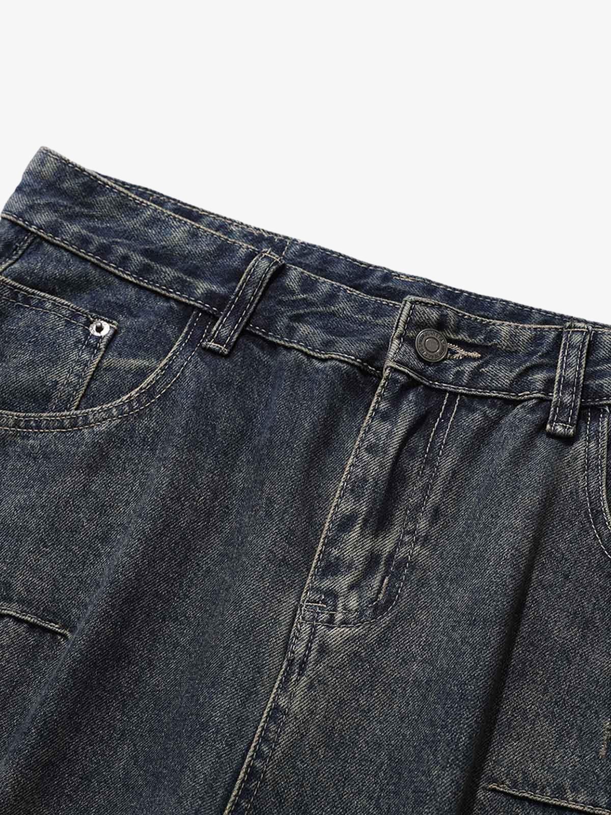 Washed Multi-Pocket Baggy Barrel Cargo Jeans 