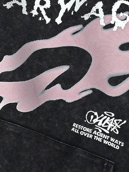 Thesupermade Washed Flame Printed Hooded Fleece Sweatshirt 