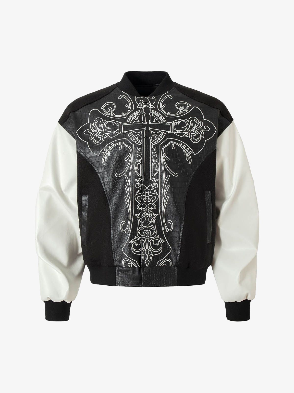 Gothic Cross Embroidery Crocodile Leather Bomber Jacket 