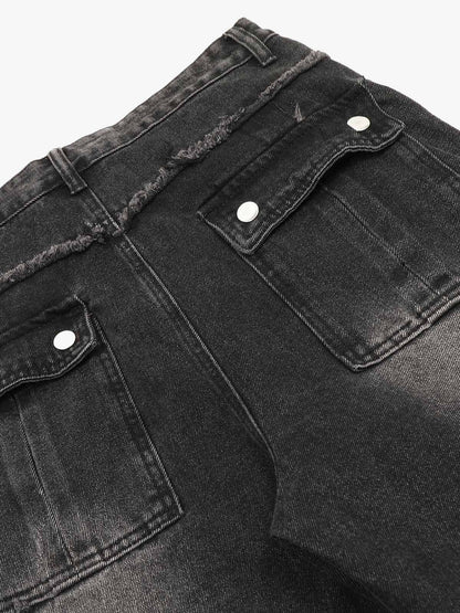 Thesupermade Detressed Raw Edge Multi-pocket Cargo Jeans 
