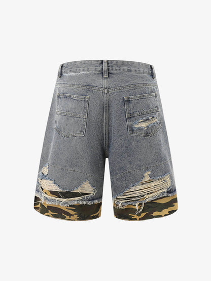 Thesupermade Patchwork Camouflage Ripped Shirt Jorts Denim Suit 