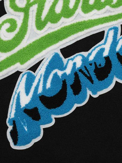 Thesupermade Leather Patchwork  Embroidery Quilted Bomber Jacket 