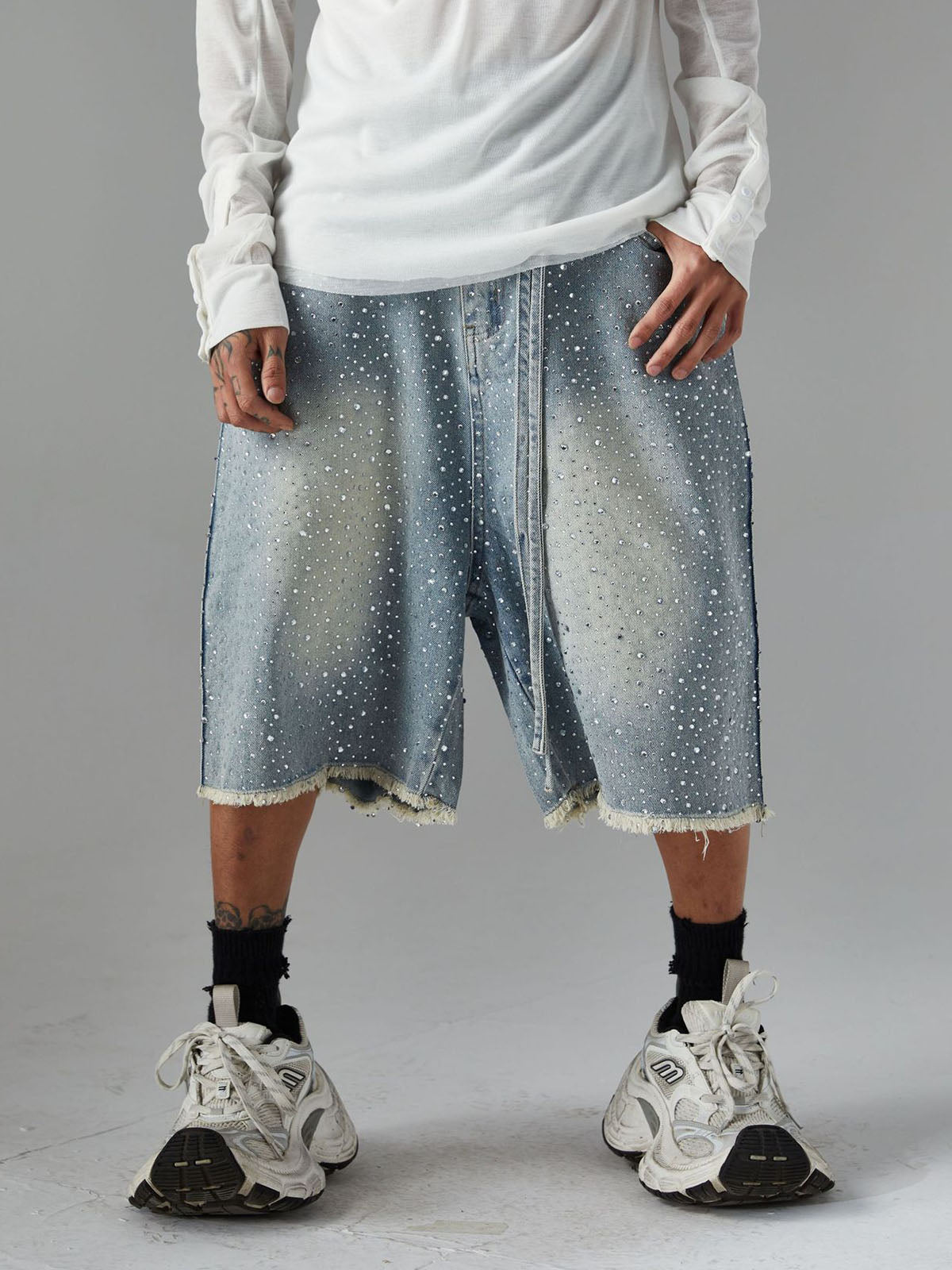 Distressed Rhinestone Denim Jorts - 2454 