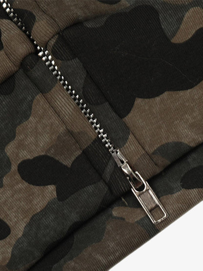 Hotfix Rhinestones Camouflage Fur Hooded Fleece Jacket - 2357 