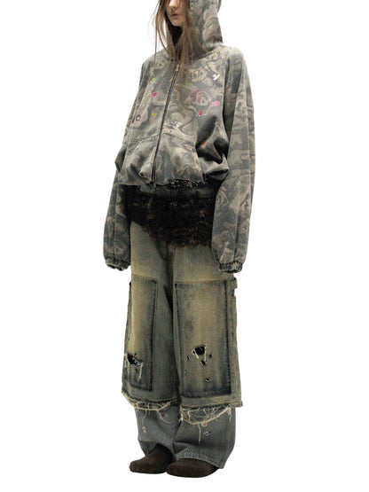Graffiti Camouflage Patchwork Hooded Jacket 