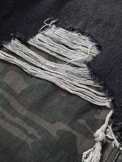 Washed Distressed Stitching Camouflage Straight Jeans 