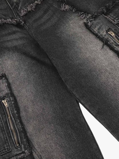 Thesupermade Detressed Raw Edge Multi-pocket Cargo Jeans 