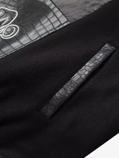 Gothic Cross Embroidery Crocodile Leather Bomber Jacket 