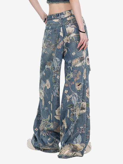 Vintage Washed Distressed Floral Ripped Baggy Jeans 