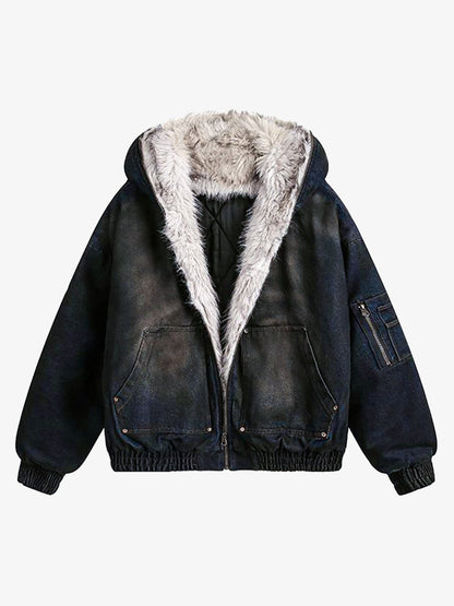 Thesupermade Washed Denim Fur Hooded Jacket - 2265 