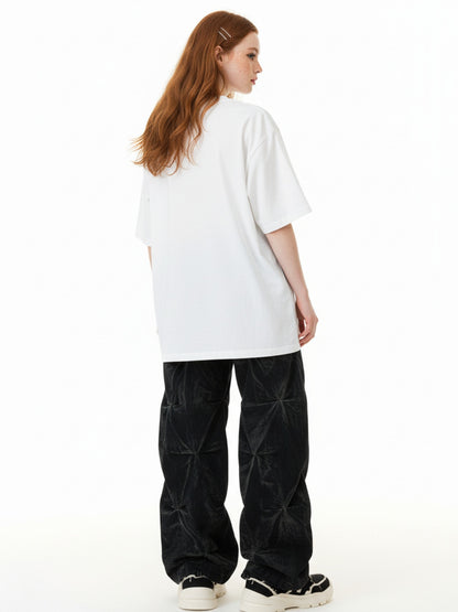 Denim Heavy Washed Distressed Pleated Baggy Jeans - 2282