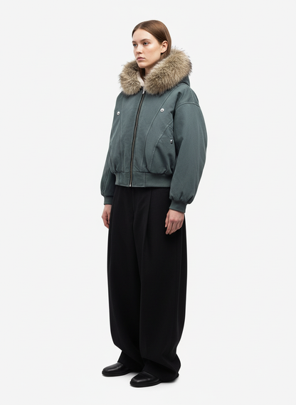 Faux Fur Lined Zip Up Hooded Bomber Jacket