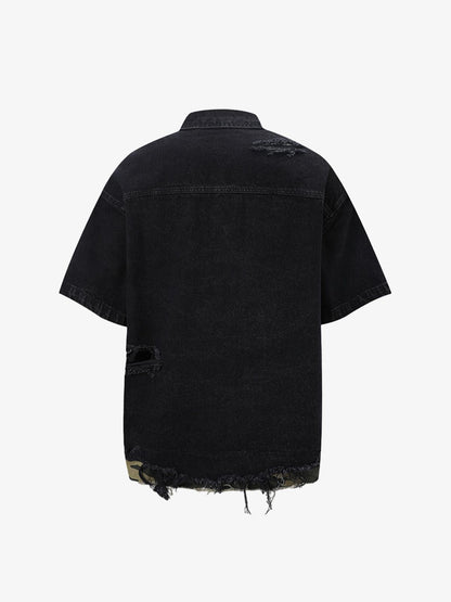 Thesupermade Patchwork Camouflage Ripped Shirt Jorts Denim Suit 