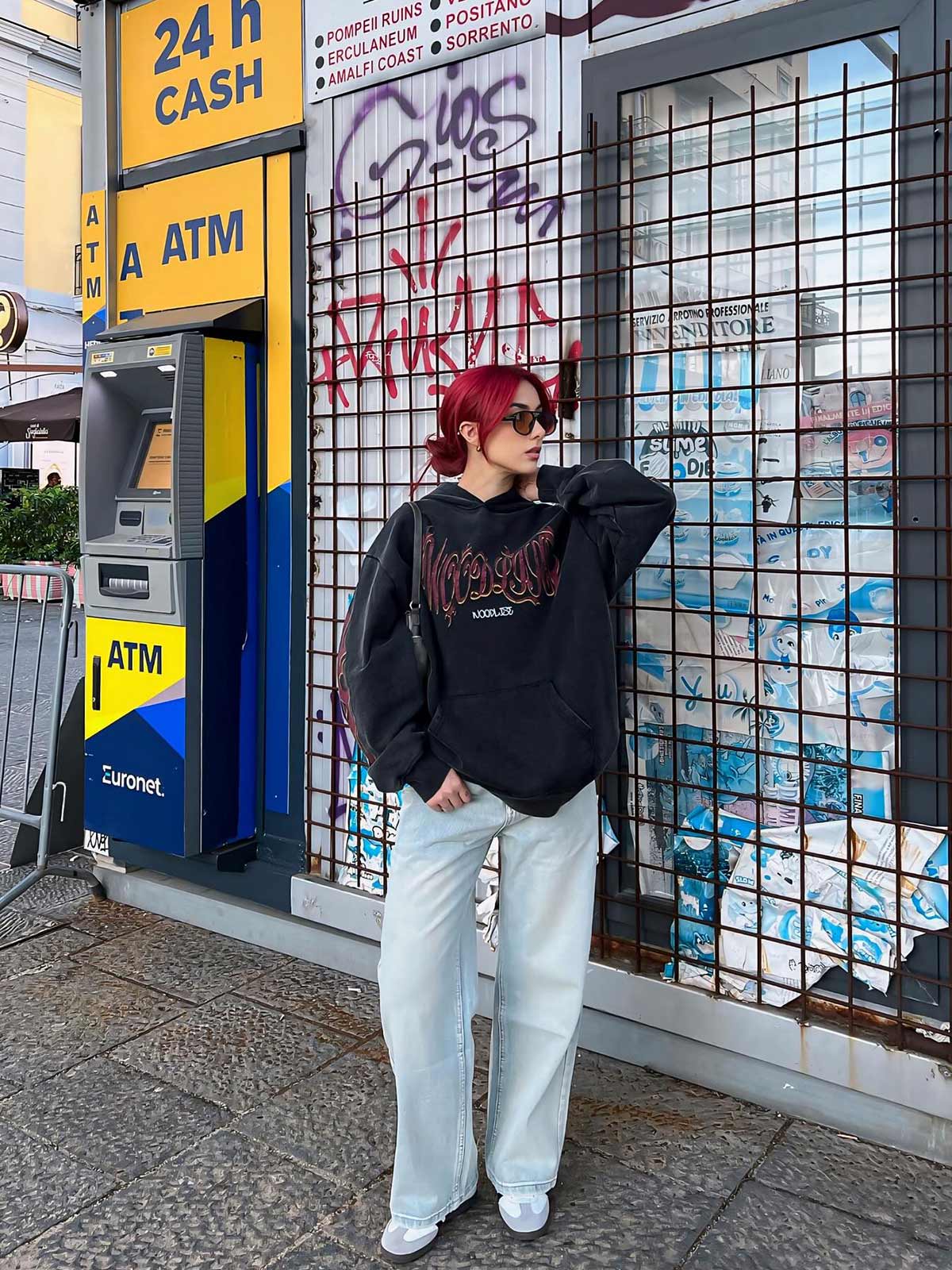 Thesupermade Flame Letter Washed Hooded Sweatshirt - 2216 