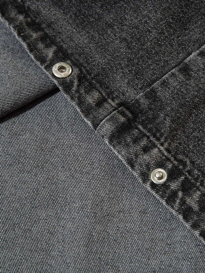 Washed Distressed Metal Zipper Hooded Denim Sweatshirt 