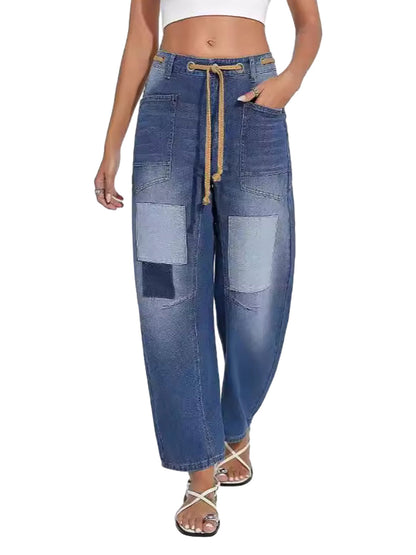 Thesupermade Drawstring Denim Patch Washed Jeans 